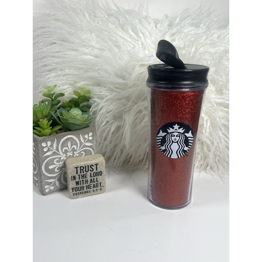 Starbucks Red Glitter Hot Cold Cup Tumbler Black Twist Lid 16 oz Coffee Y2K
